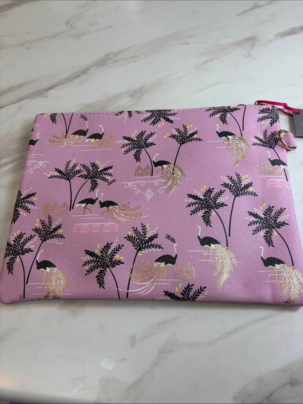 NWT Sara Miller Ostrich & Palms pink & gold large zipper pouch- preppy beach